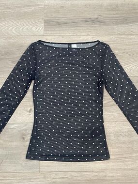 Black Long-Sleeve Polka Dot Mesh Top